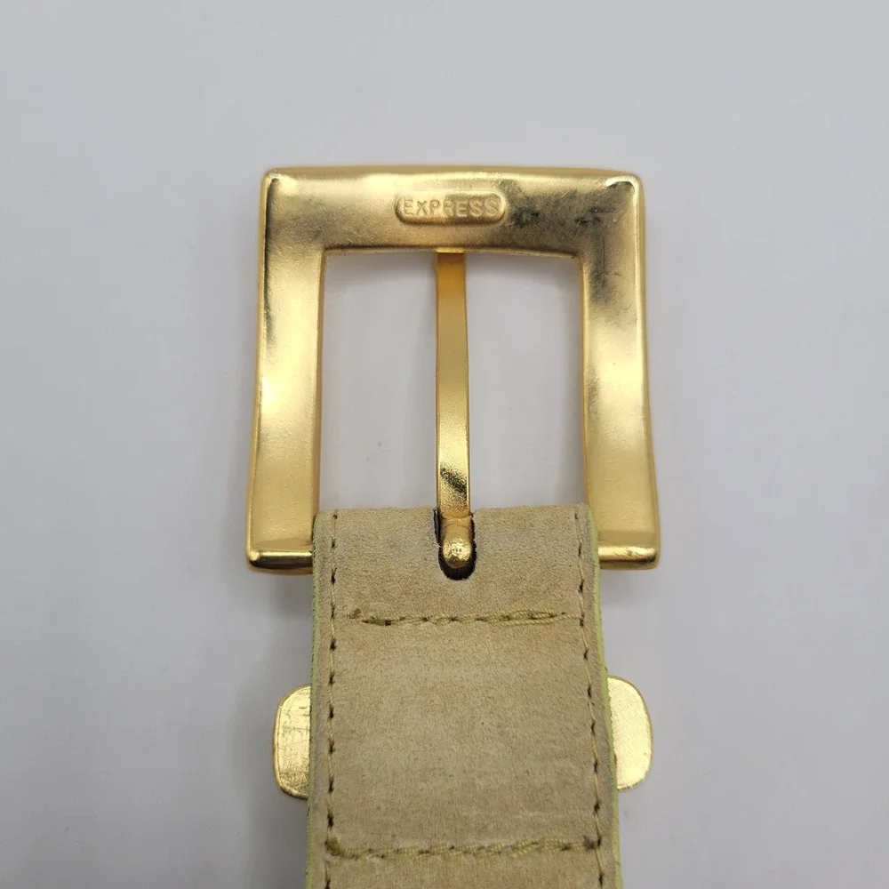Vintage Express Belt Small Tan Yellow Suede Gold Buckle 90s Boho Western Chic